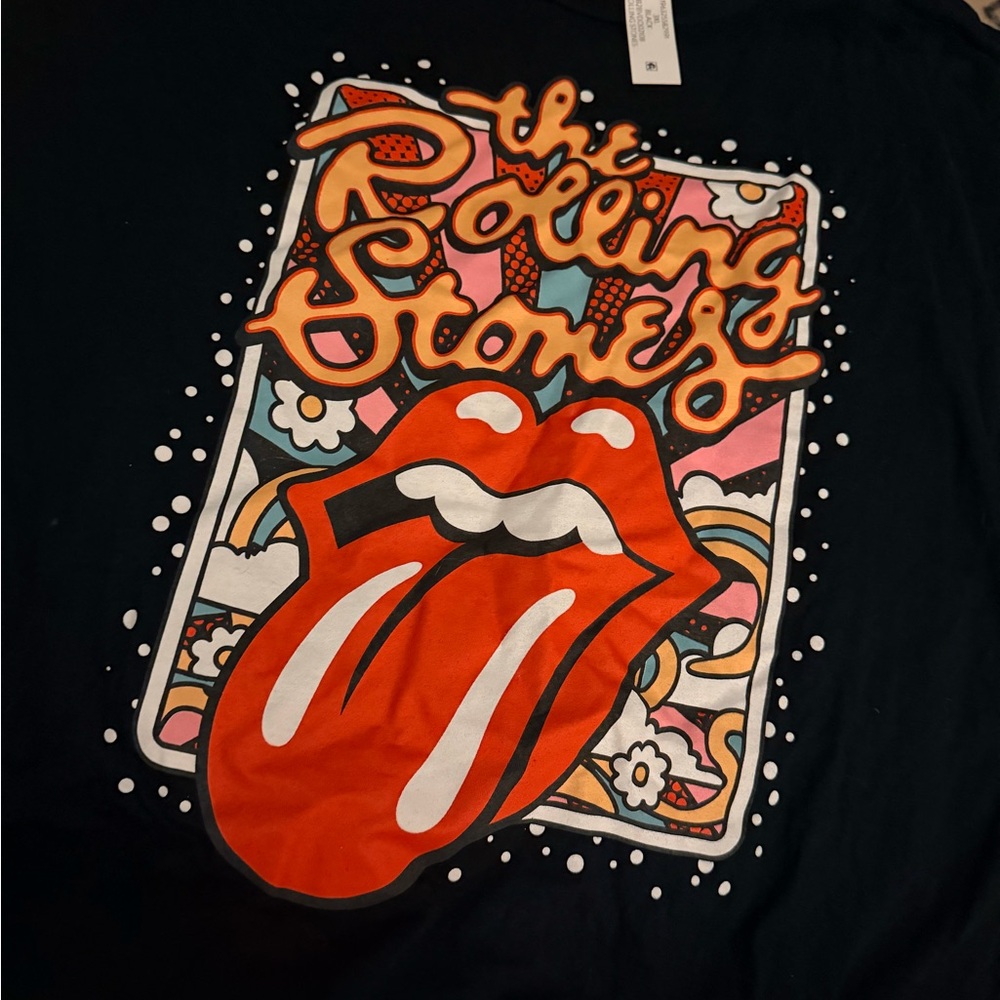 the Rolling Stones Black Tee with Red & White Tongue Motif